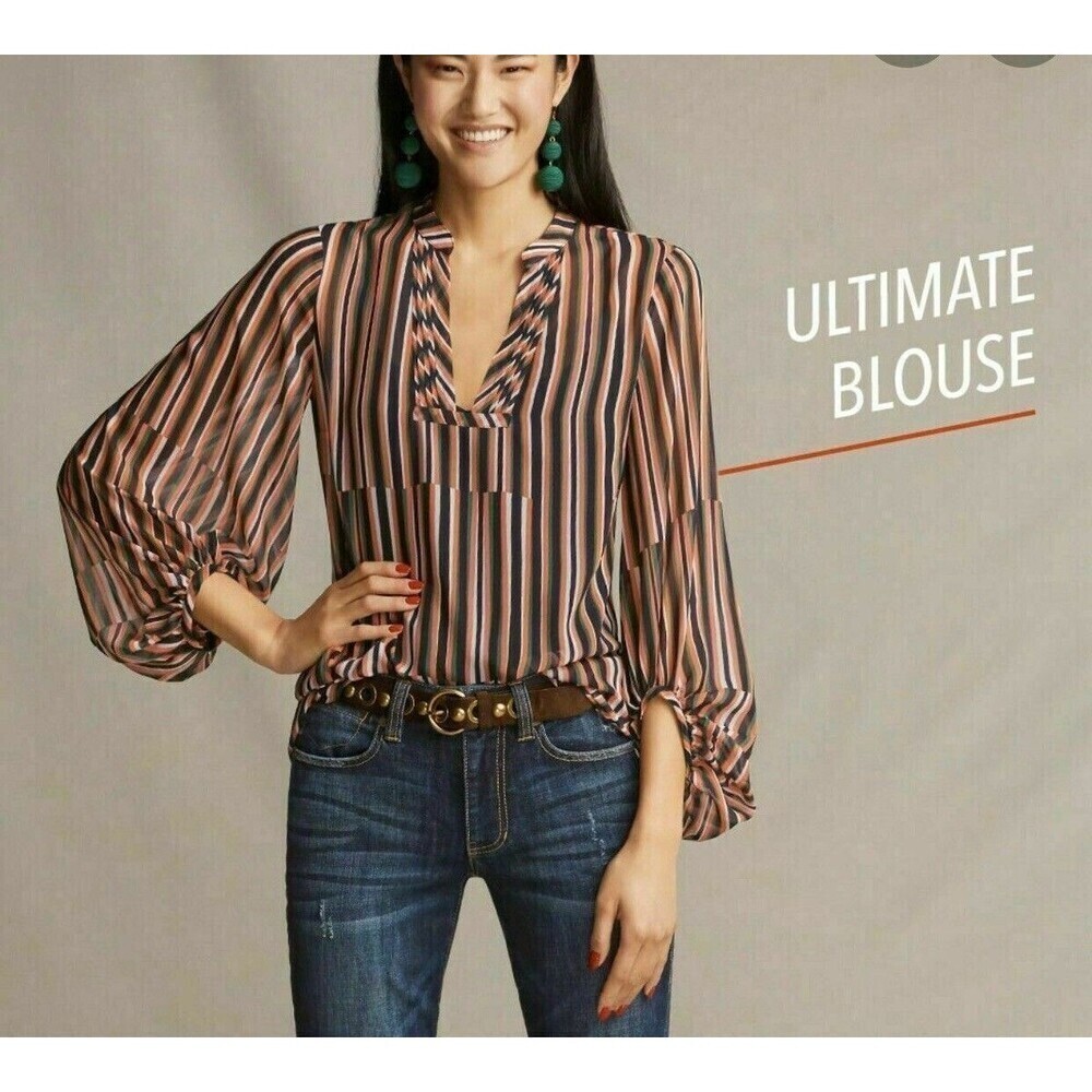 Women's Cabi # 5519 ULTIMATE BLOUSE Striped V-Neck Multicolored Balloon Sleeve M